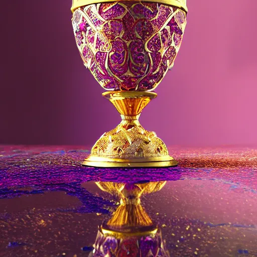 Prompt: a stream of delicious thick pink sauce pouring into an exquisitely detailed beautiful goblet covered in gold filigree carvings of mystical scenes, glimmering diamonds, sapphires and rubies, lapis lazuli inlay, precious artifact, hyperrealistic, 8K HD octane render, fantasy concept art, cinematic lighting, popular on artstation