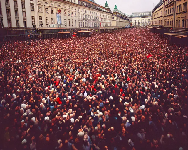 Prompt: crowd rally against a large leg in vienna, shot on kodak portra 4 0 0 3 5 mm film