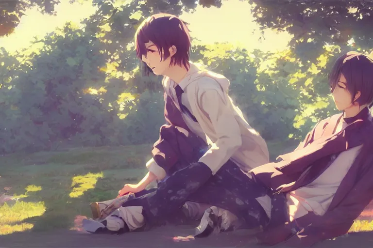 Image similar to boy's love anime high school scene spring setting, high detail concept art, perfect proportions fine face, realistic shaded lighting poster ilya kuvshinov, katsuhiro, jeremy lipkin and michael germash, makoto shinkai, loish and clamp style, trending on art station, best selling artist