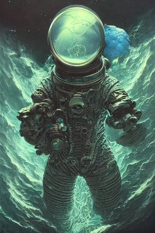 Image similar to close up shot of a full body floating astronaut portrait water elemental, james gurney, peter mohrbacher, mike mignola, black paper, mandelbulb fractal, trending on artstation, exquisite detail perfect, hyper detailed, intricate ink illustration, black background