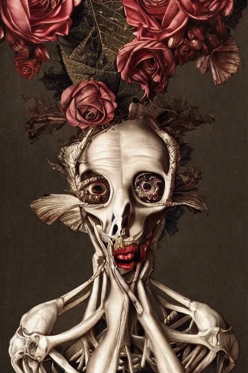 Image similar to Detailed maximalist portrait with large lips and eyes, scared, botanical skeletal with extra flesh, HD mixed media, 3D collage, highly detailed and intricate, surreal illustration in the style of Caravaggio, dark art, baroque