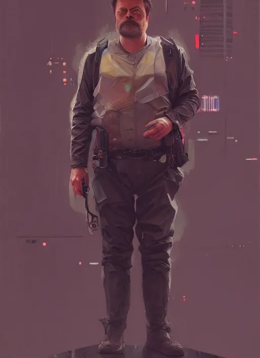 Prompt: a full body portrait oil painting illustration of nick offerman by justin sweet and greg rutkowski and alphonse mucha with face and body clearly visible, techwear, futuristic, cyberpunk, artstation trending, high quality, sombre mood, artstation trending, abstract colours, no crop, entire character!,