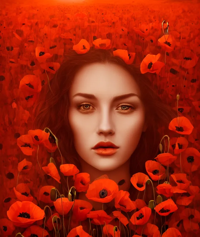 Prompt: a beautiful orange woman, symmetrical portrait, realistic, full body, red poppies, vine twist, rich details, nuclear sunset, 8 k, volumetric lighting, by wlop