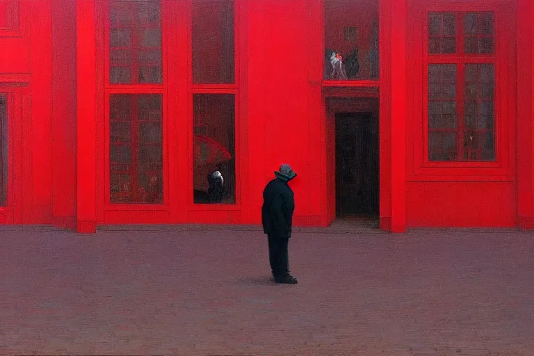 Image similar to only with red, a red old man try to sell a portrait, crowd cheering, in a city square, in the style of beksinski, parts by edward hopper, parts by rodcenko, parts by yue minjun, intricate and epic composition, red by caravaggio, insanely quality, highly detailed, masterpiece, red light, artstation, 4 k