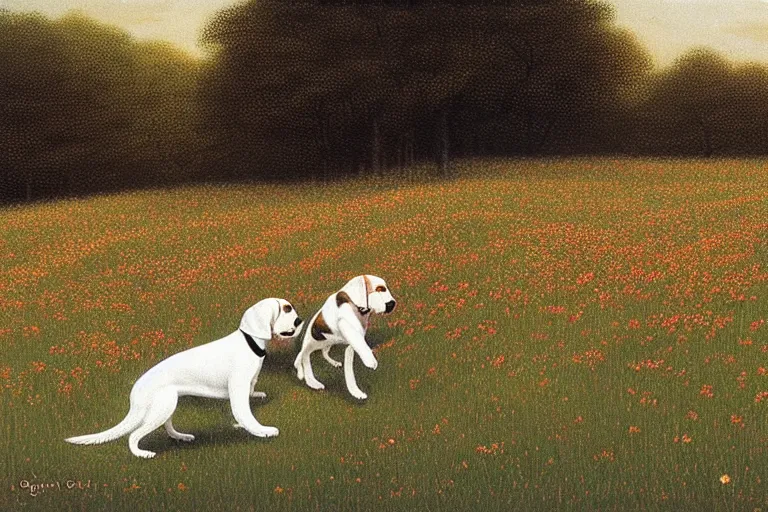 Prompt: white and brown beagle dog playing in a flowery field by Quint Buchholz