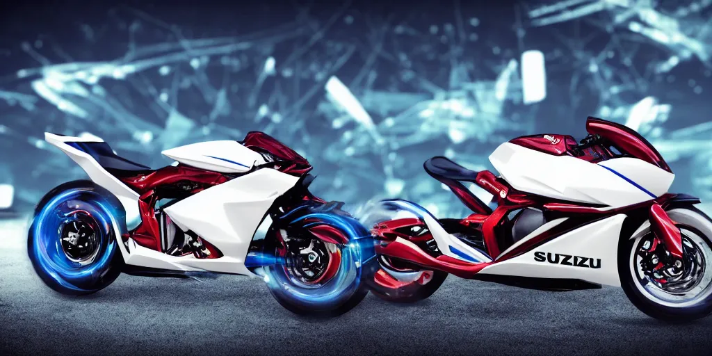 Prompt: design of futuristic suzuki, designed by honda, industrial design, northern lights background, brushed white and blue paint, red rims, dark show room, dramatic lighting, hyper realistic photo, depth of field, bokeh effect, 1 5 0 mm, shot on arriflex 3 5 ii