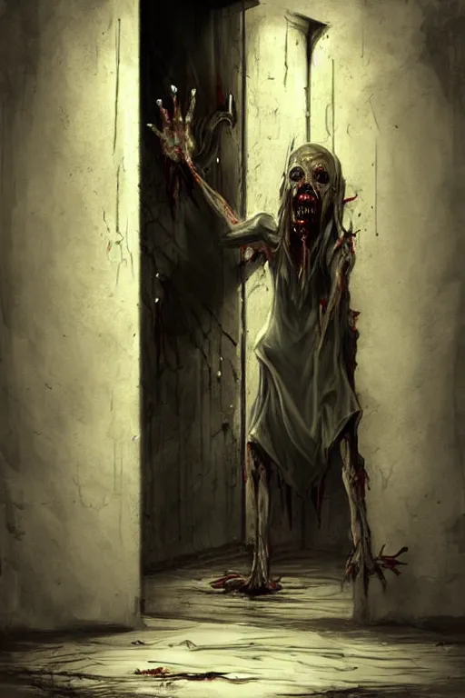 Prompt: a painting of a zombie coming out of a doorway, concept art by dave melvin, photorealistic, hooks on chains, featured on deviantart, fantasy art, concept art, grotesque, creepypasta, black magic, demonic