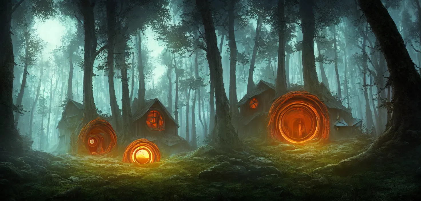 Image similar to random scary forest house landscape, round glowing portal, incredible, vector art, octane render, fabulous, hyper detailed, random cinematic view, no noise, global illumination, warm lighting, volumetric, godrays, vivid, beautiful, by jordan grimmer