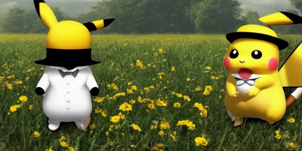 Prompt: hyper realistic Pikachu wearing a top hat and monocle in a beautiful field on a sunny day