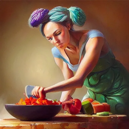 Prompt: a beautiful painting of a gorgeous young mother chopping vegetables on a weathered cutting board, representative of the art style of artgerm and wlop and peter mohrbacher