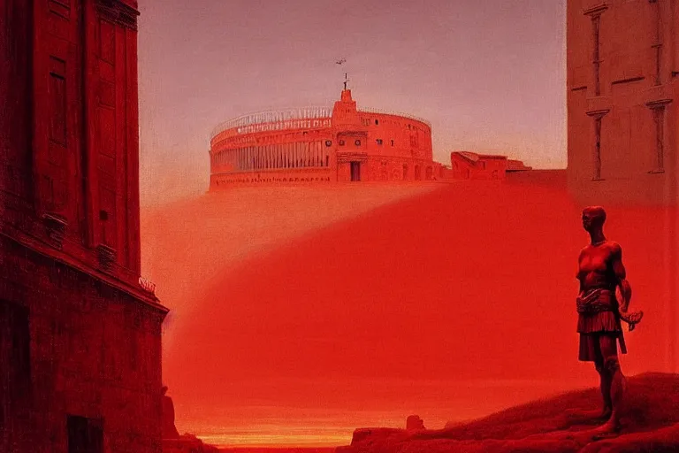 Image similar to only with red, caesar after war, a red tiger, in hoc signo vinces, rome in background, an ancient path, in the style of beksinski, part by hopper, part by rodcenko, part by hofbauer, intricate composition, red by caravaggio, insanely quality, highly detailed, masterpiece, red light, artstation