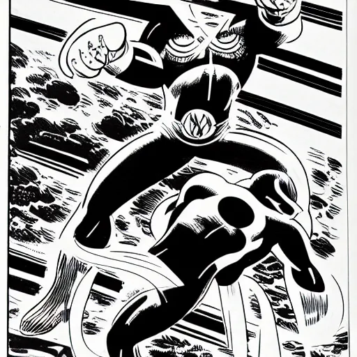 Image similar to comic splash page style, kirby krackle, emanating from marvel sliver surfer body, by jack kirby, wally wood, black and white only, asymmetrical, organic ink drawing, comic splash page style h 1 0 2 4