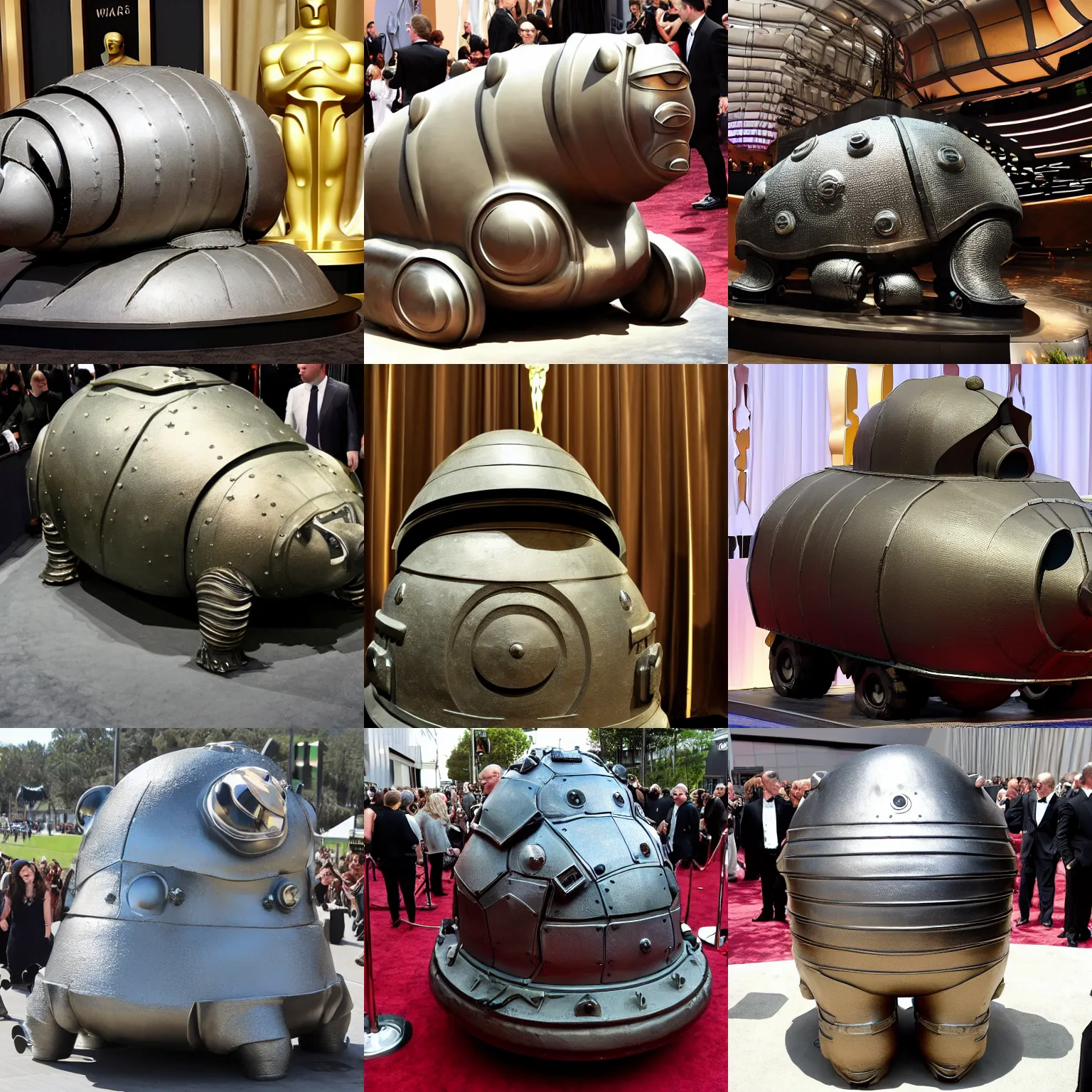 Prompt: giant metal tardigrade as tank, at oscars