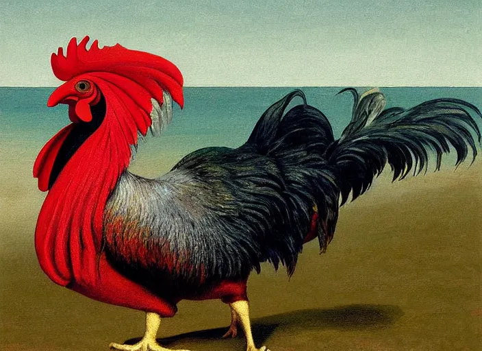 Image similar to rooster, beach, painting, fine art, hard edge painting, tonal colors, polychromatic - colors, by richard dadd