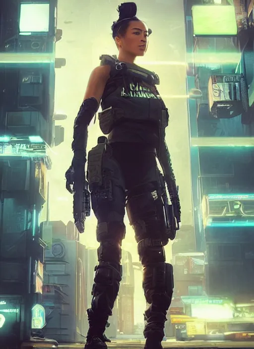 Prompt: Nikki tanaka. beautiful cyberpunk female USN marine wearing a military vest and combat gear. (Cyberpunk 2077, bladerunner 2049, apex legends, hl2, mgs, overwatch, blackops, rb6s). gorgeous face. Iranian orientalist portrait by john william waterhouse and Edwin Longsden Long and Theodore Ralli and Nasreddine Dinet, oil on canvas. Cinematic, hyper realism, realistic proportions, dramatic lighting, high detail 4k