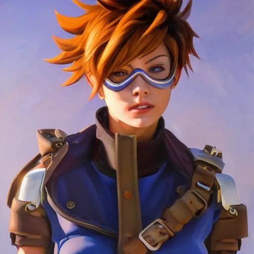 prompthunt: oil painting of tracer overwatch in a field wearing large  leather belt choker around neck, in style of mark arian, expressive face,  detailed face, detailed eyes, full body, feminine face, tracer