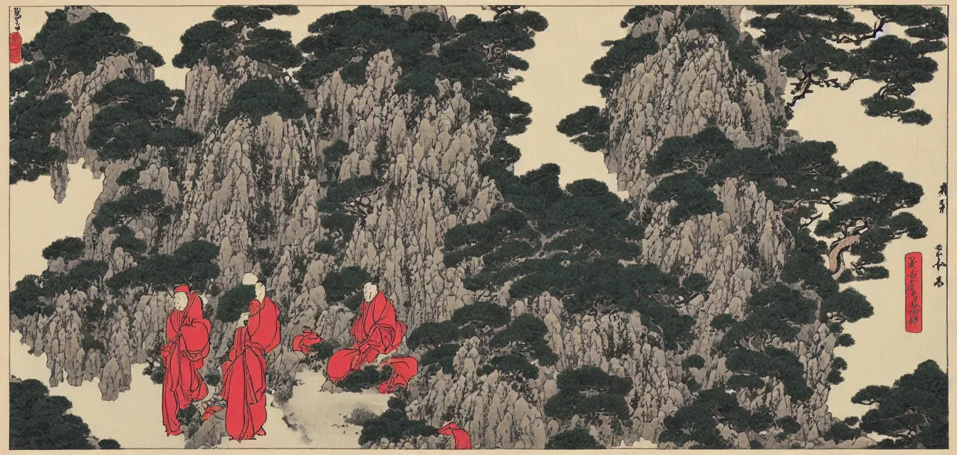 Image similar to taoist monks and temples in huangshan, artwork by katsushika hokusai