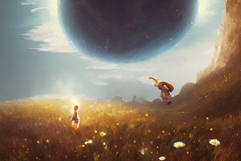 Image similar to giant white daisy flower over face, girl jumping on cliff, surreal photography, solar eclipse, milky way, dramatic light, impressionist painting, clouds, digital painting, artstation, james gilleard, liam wong, jeremy mann, simon stalenhag