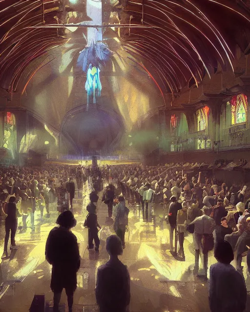 Image similar to craig mullins and ghibli digital illustration of a crowd in a futuristic church, priest, pews, ethereal, inviting, bright, unreal engine, hyper realism, realistic shading, cinematic composition, realistic render, octane render, detailed textures, photorealistic, wide shot