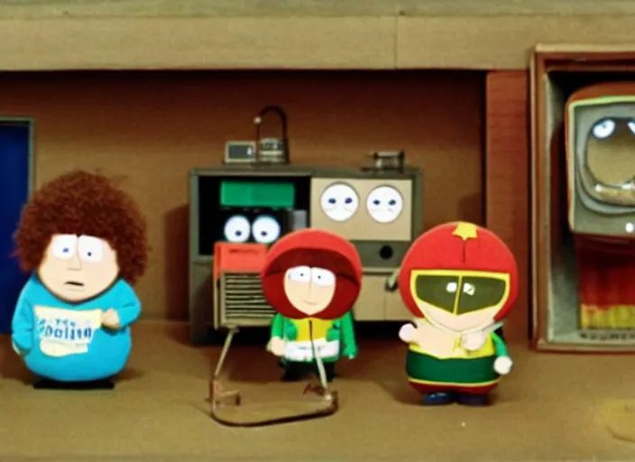 Prompt: a scene from a 1 9 7 0 s british kids tv programme by the bbc and oliver postgate with south park characters, stop motion animation, peter dinklage, vhs distortion, cathode ray tube distortion, folk horror, hauntology