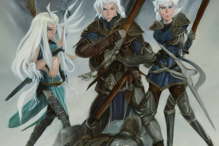 Image similar to dungeons and dragons fantasy painting of elven soldiers, white hair, determined expressions, anime inspired