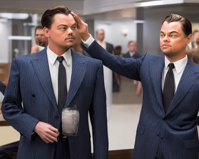 Image similar to leonardo dicaprio as the wolf of wall street standing next to margot robbie, cinamtic, long shot, hyper detailed, 8 5 mm photograph, 8 k resolution, film still, sharp lens, wide lens