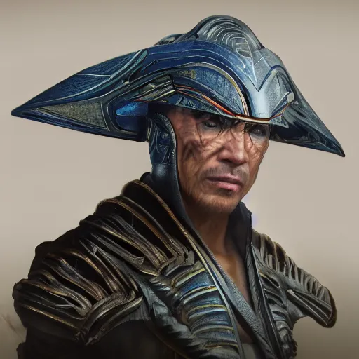 Image similar to highly detailed hybrid of raiden from mortal kombat, and raiden from metal gear solid wearing an asian conical hat. vfx portrait, stephen bliss, unreal engine, greg rutkowski, alphonse mucha, beeple global illumination, translucent, sub - surface scattering, detailed and intricate environment