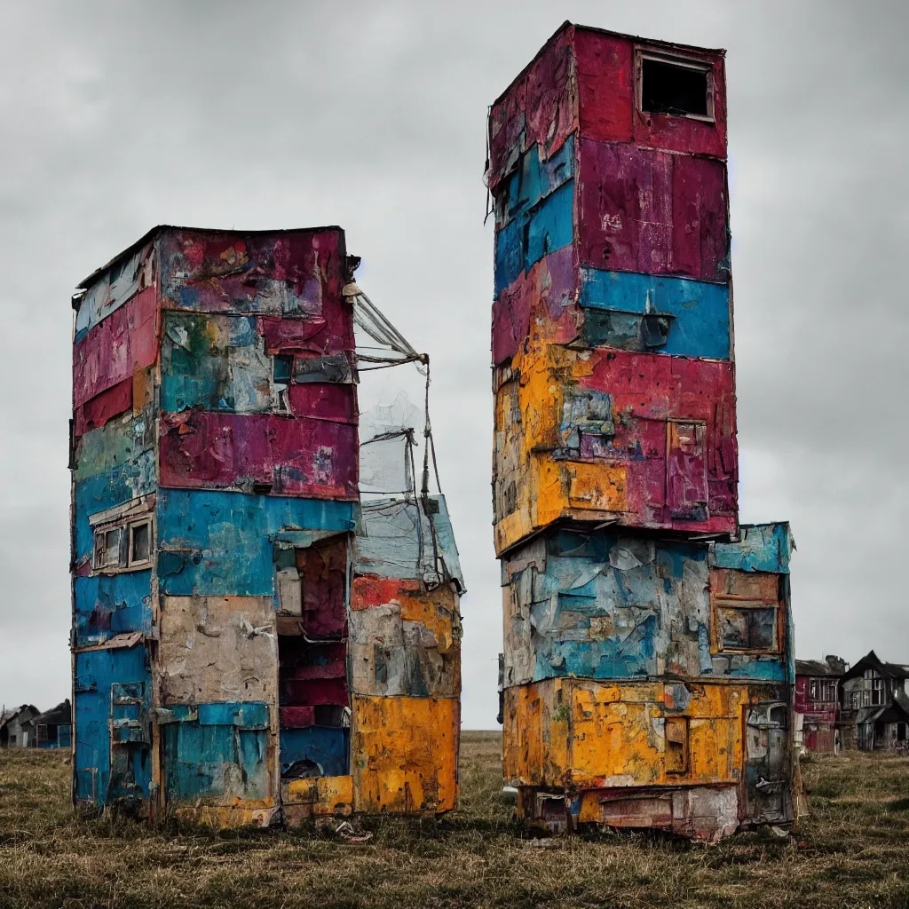 Image similar to close - up view of a tower made up of colourful makeshift squatter shacks, bleached colours, moody cloudy sky, dystopia, mamiya, very detailed, photographed by cristina de middel