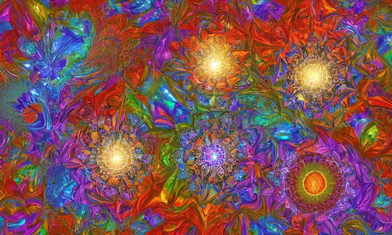 Image similar to voronoi engine laboratory 3 d volume kaleidoscope mandala fractal chakra digital multicolor stylized concept substance by artgerm, rossdraws, norman rockwell, magali villeneuve, gil elvgren, alberto vargas, earl moran, enoch bolles radiating a glowing aura global illumination ray tracing hdr