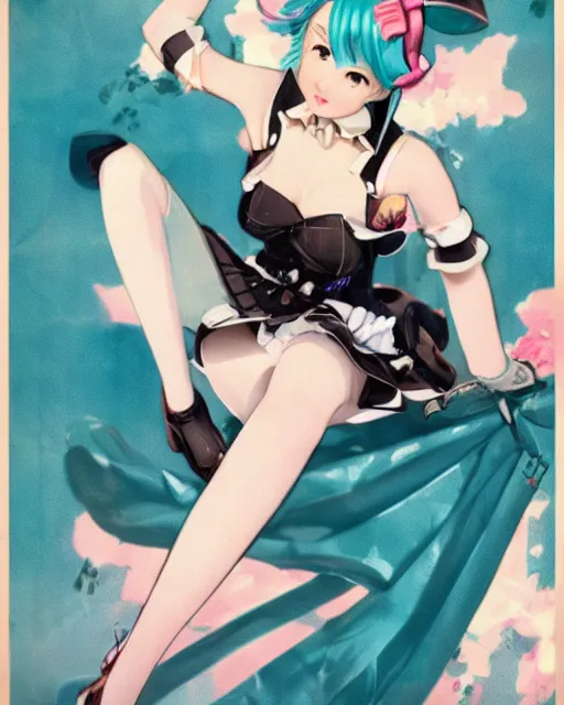 Prompt: Hatsune Miku full body pin up modeling in idol unioform, with a park in the back ground, post war style, detailed face, american postcard art style, by Gil Elvgren and Julie Bell