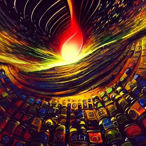 Prompt: a beautiful painting of falling into a blackhole in the beer isle, bold colors, dramatic lighting, great composition, detailed, trending on artstation