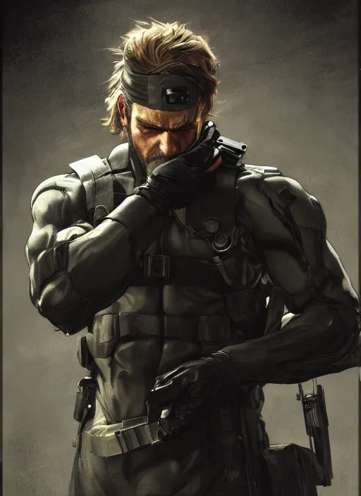 Image similar to a Photorealistic dramatic hyperrealistic render of a beautiful METALGEAR SOLID character Solid Snake by WLOP,Greg Rutkowski,Alphonse Mucha, Beautiful dynamic dramatic dark moody lighting,shadows,cinematic atmosphere,Artstation,concept design art,Octane render,8K