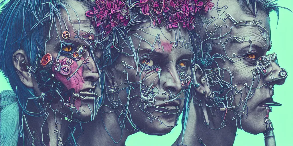 Image similar to risograph grainy drawing cyberpunk antagonist face wearing cyberpunk accessories, photorealistic colors, with huge piercings, face covered with plants and flowers, by moebius and satisho kon and dirk dzimirsky close - up portrait, hyperrealistic