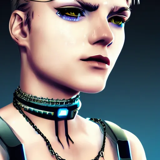 Prompt: female character cyberpunk wearing spiked collar around neck, realistic, art, beautiful, 4K, collar, punk, artstation, detailed,