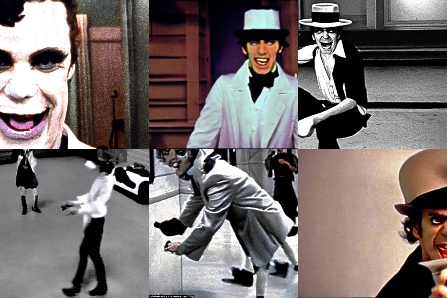 Prompt: Kramer as one of the droogs from the movie a clockwork orange laughing while kicking someone, grainy movie still