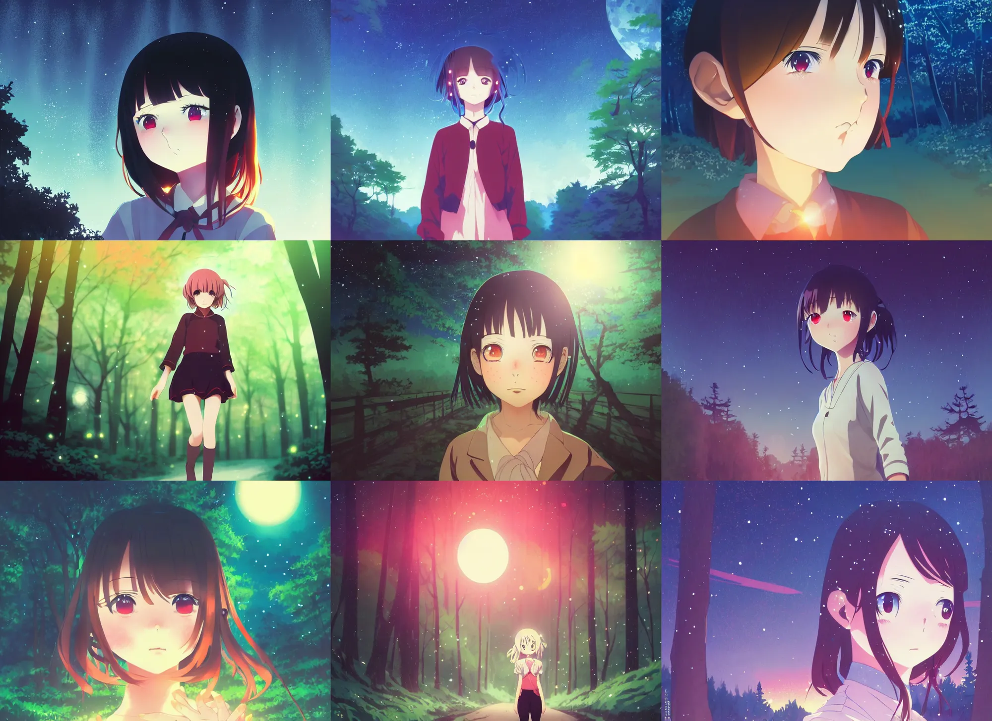 Prompt: anime key visual, young woman traveling in a forest at night, night sky, very dark, cute face by ilya kuvshinov, yoh yoshinari, dynamic pose, dynamic perspective, rounded eyes, kyoani, smooth facial features, dramatic lighting, tatami galaxy, takashi murakami
