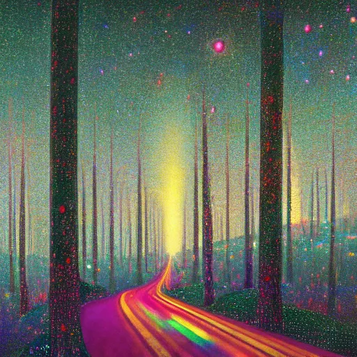 Image similar to psychedelic road trip lush pine forest, outer space, milky way, designed by arnold bocklin, jules bastien - lepage, tarsila do amaral, wayne barlowe and gustave baumann, cheval michael, trending on artstation, star, sharp focus, colorful refracted sparkles and lines, soft light, 8 k 4 k