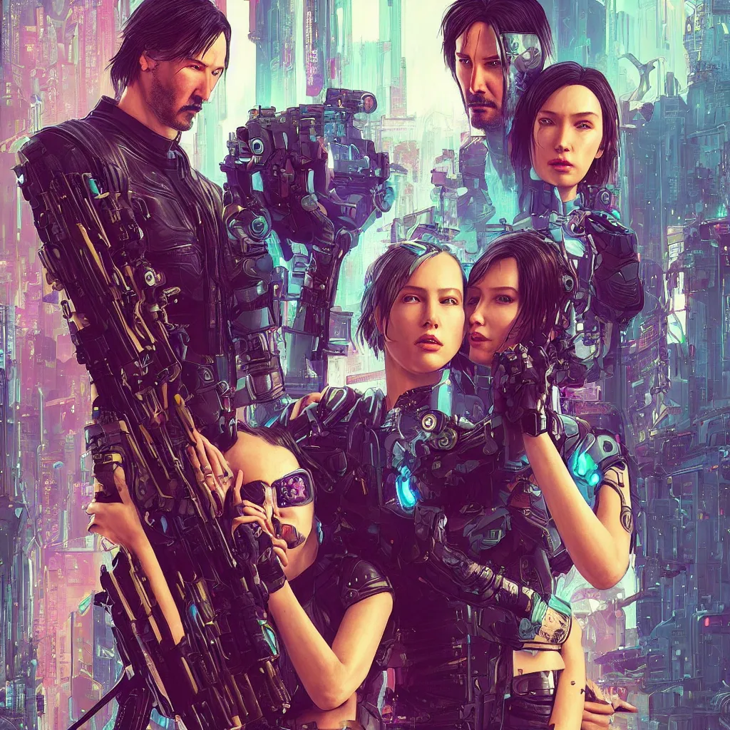 Image similar to a cyberpunk 2077 instagram couple portrait of a Keanu Reeves and a female android final kiss,love,film lighting,by Laurie Greasley,Lawrence Alma-Tadema,Dan Mumford,John Wick,Speed,Replicas,artstation,deviantart,FAN ART,full of color,Digital painting,face enhance,highly detailed,8K,octane,golden ratio,cinematic lighting