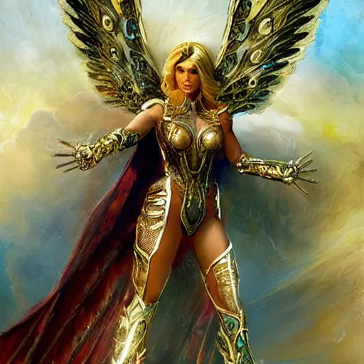 Image similar to katie perry as a trans futuristic asguardian superheroine in intricate dark seraphim warrior armor. her seraphim wings glow energy, art by gaston bussiere, craig mullins, simon bisley