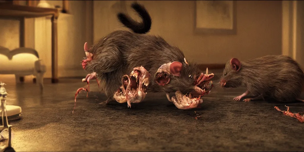 Image similar to a highly detailed photographic render of a human size rat eating a corpse in a living room, scary, gore, blood, rat man, horror sci-fi, horror science fiction, biology, horror, cinematic, cinematic horror, cinematic lighting, cinematic scene, cinematic render, film, horror film, beautifully lit, ray traced, octane 3D render, octane render, unreal engine