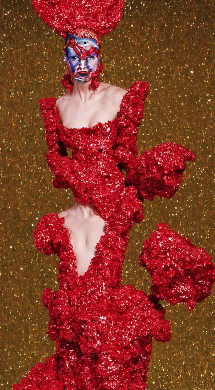 Image similar to a fashion character design wearing a red sequined bodysuit, alexander mcqueen headdress, costume by eiko ishioka, haute couture, steven outram, colorful and psychedelic