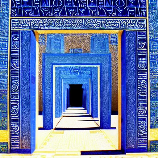 Prompt: A portal to a luminous dimension, the portal is shaped like the Ishtar Gate, Ishtar Gate, mesopotamic, fantasy, magic portal, art by James Gurney, James Gurney, 8K