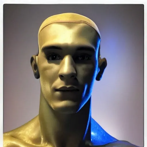 Image similar to “a realistic detailed photo of a guy who is an attractive humanoid who is half robot and half humanoid, who is a male android, Oklahoma Stare University college wrestler Daton Fix, shiny skin, posing like a statue, blank stare, at the museum, on display”