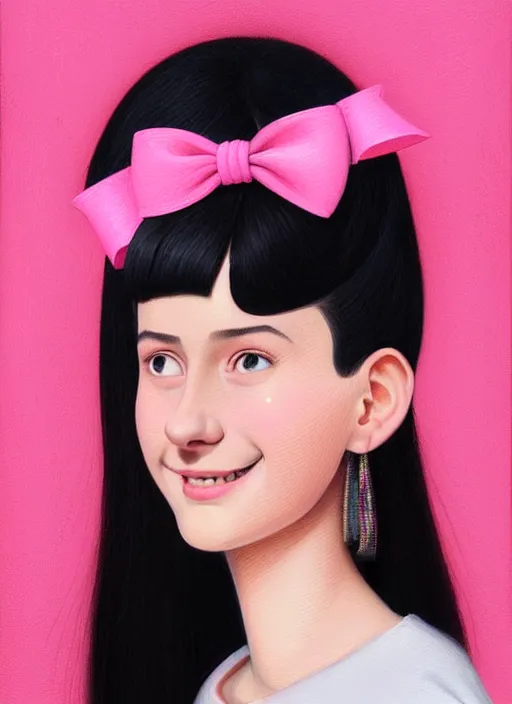 Image similar to portrait of teenage girl, narrow face, black hair, bangs, half updo hairstyle, pointy nose, skinny, smile, unattractive, defined jawline, big chin, pink hair bow, earrings, intricate, elegant, glowing lights, highly detailed, digital painting, artstation, sharp focus, illustration, art by wlop, mars ravelo and greg rutkowski