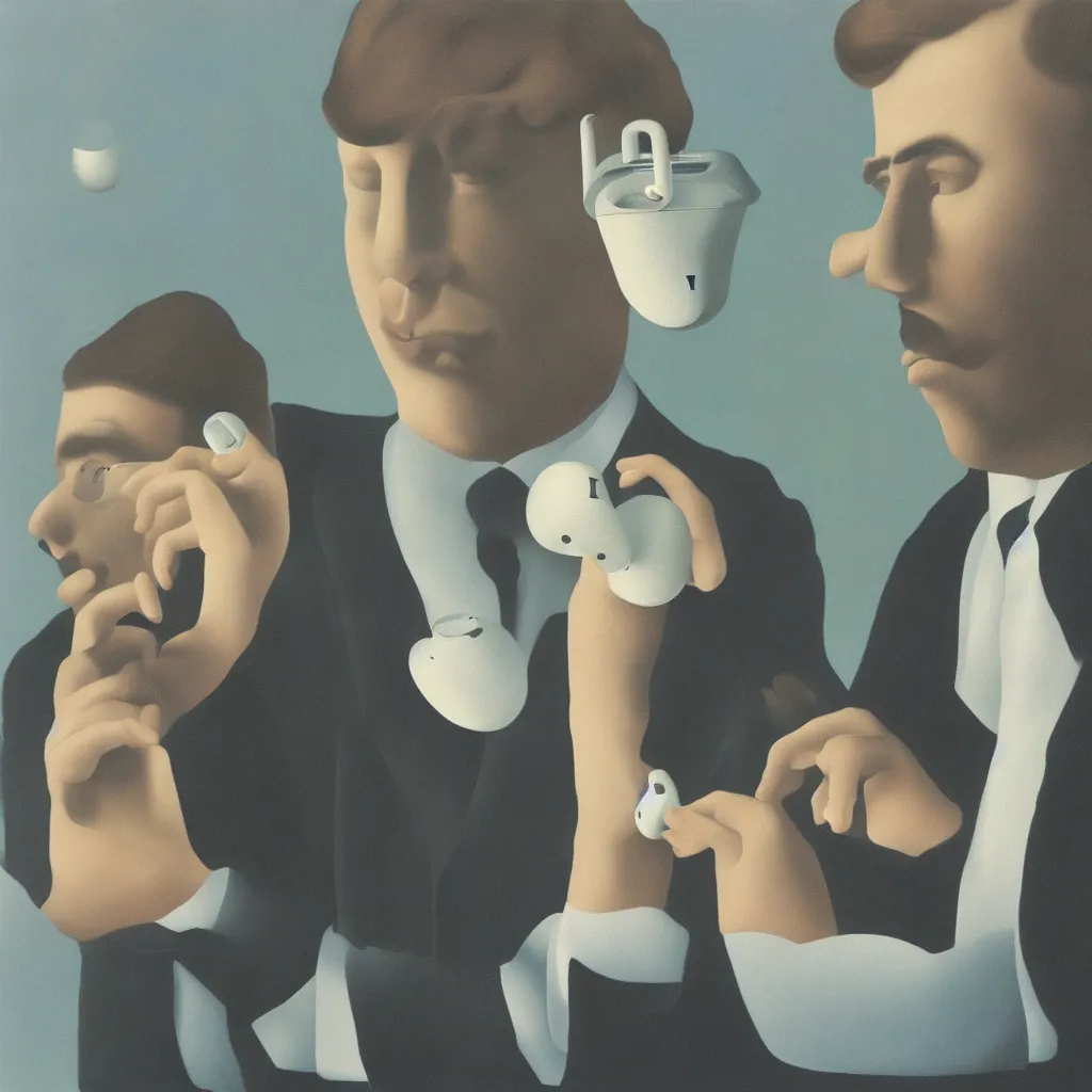 Prompt: i, a man wearing airpods pro and playing his iphone, by rene magritte