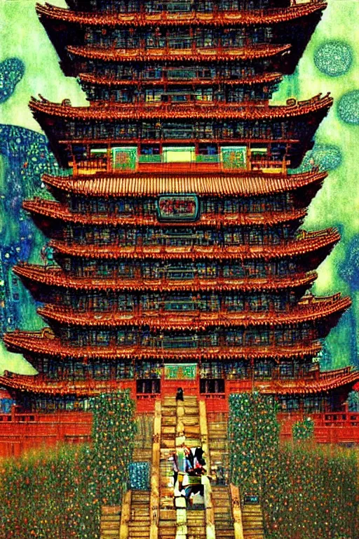 Prompt: cyberpunk chinese ancient castle, fantasy, painting by Gustav Klimt