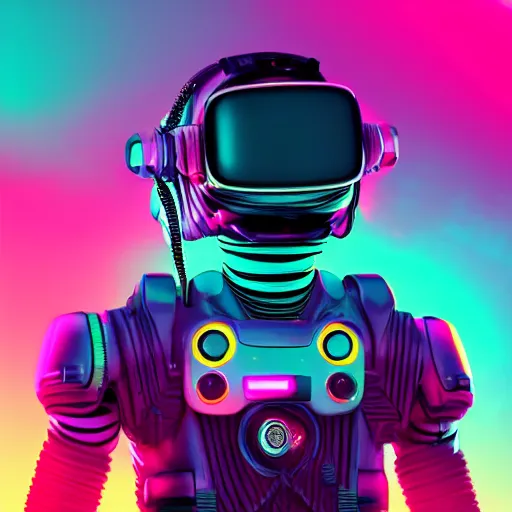 Image similar to cyberpunk astronaut bot, cinema 4 d, galaxy space sci - fi, wearing vr goggles, illustration, portrait, pastel neon textured background night, detailed,