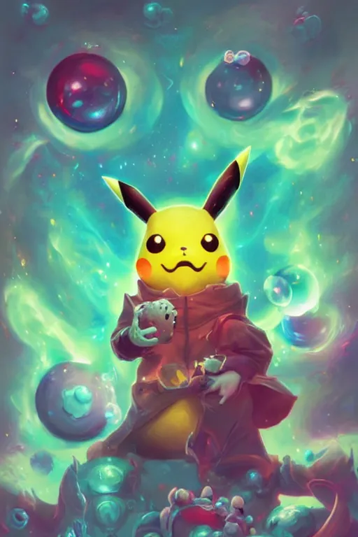 Image similar to pikachu necromancer, holding bubble gums, electricity highly detailed, high contrast, light reflection, trippy, nebula, trending on artstation by artgem, by peter mohrbacher, by wlop, by ruan jia