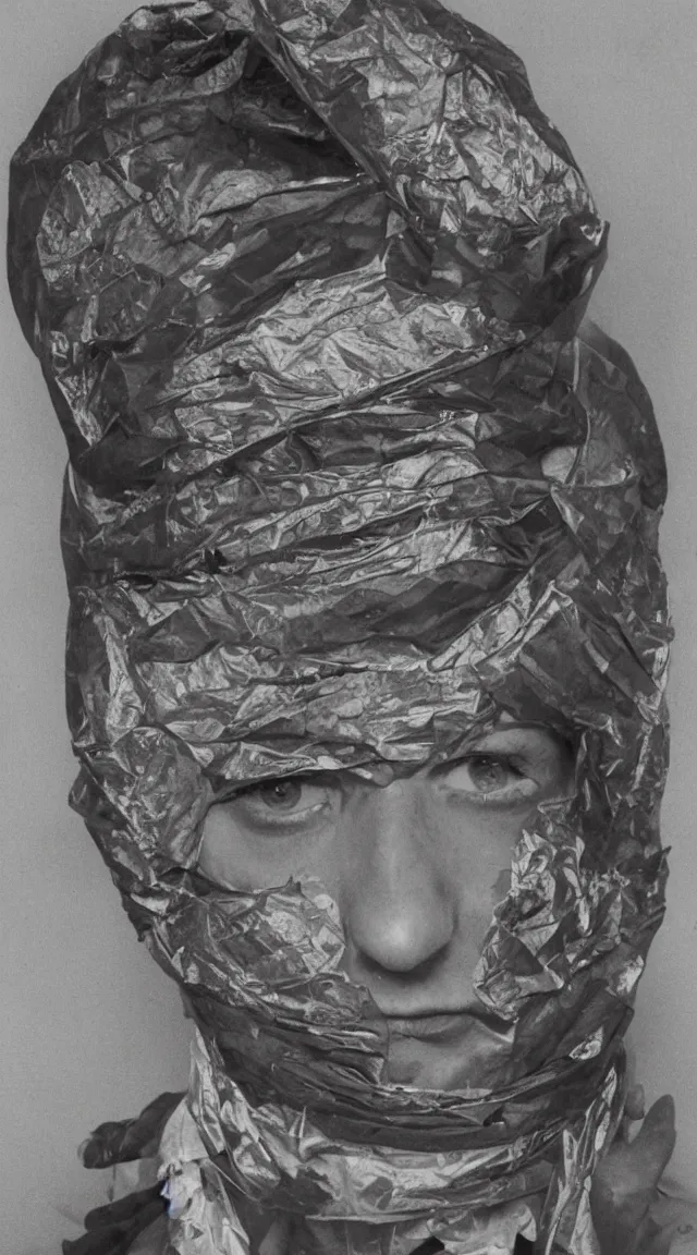 Image similar to a studio portrait of a head completely wrapped in duct tape.