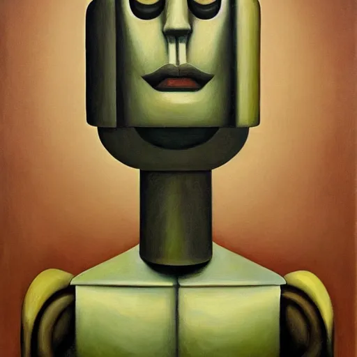 Image similar to tall, gaunt, imposing robot with intense eyes portrait, grant wood, pj crook, edward hopper, oil on canvas